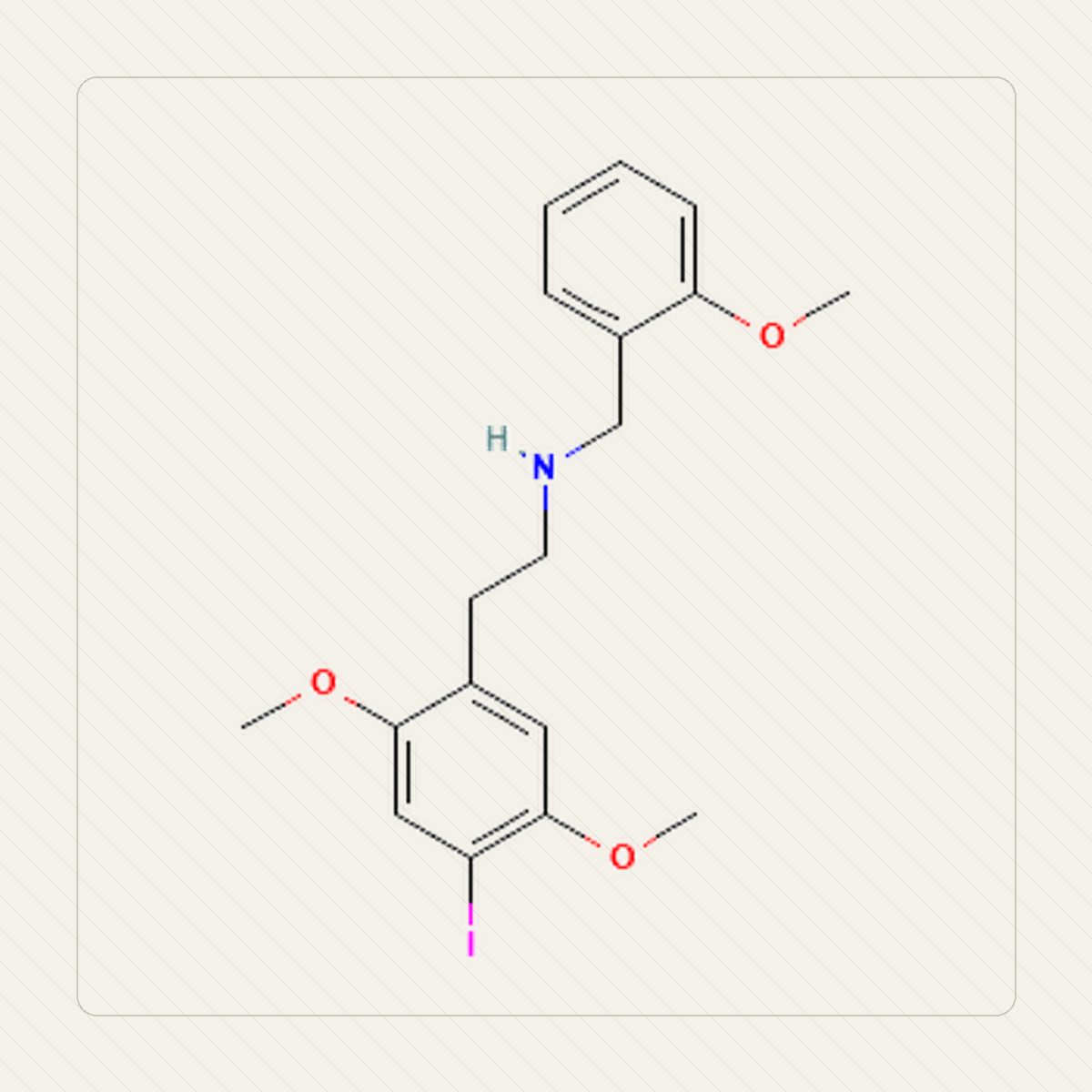 25I-NBOMe 2C-I-NBOMe، رسم تعليمي للبنية الجزيئية